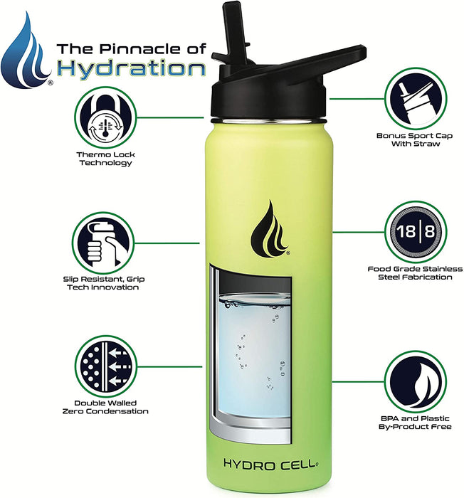 HYDRO CELL Stainless Steel Water Bottle w/Straw & Wide Mouth Lids - Neon/Neon 24 oz