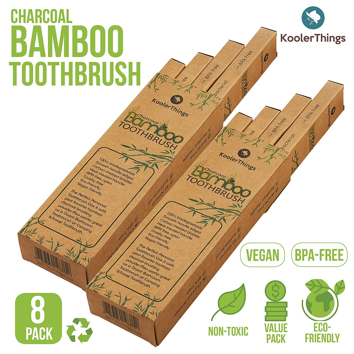 Biodegradable Natural Charcoal Bamboo Toothbrushes  - Two Packs of 4 | BPA Free Soft Bristles