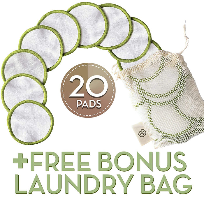 Greenzla Reusable Makeup Remover Pads (20 Pack) With Washable Laundry Bag And Round Box for Storage | 100% Organic Bamboo Cotton Pads