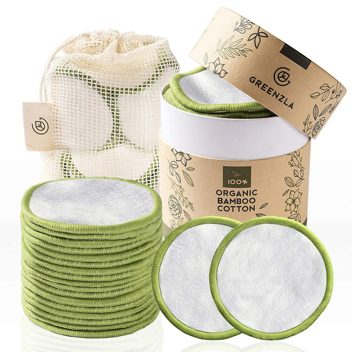 Greenzla Reusable Makeup Remover Pads (20 Pack) With Washable Laundry Bag And Round Box for Storage | 100% Organic Bamboo Cotton Pads